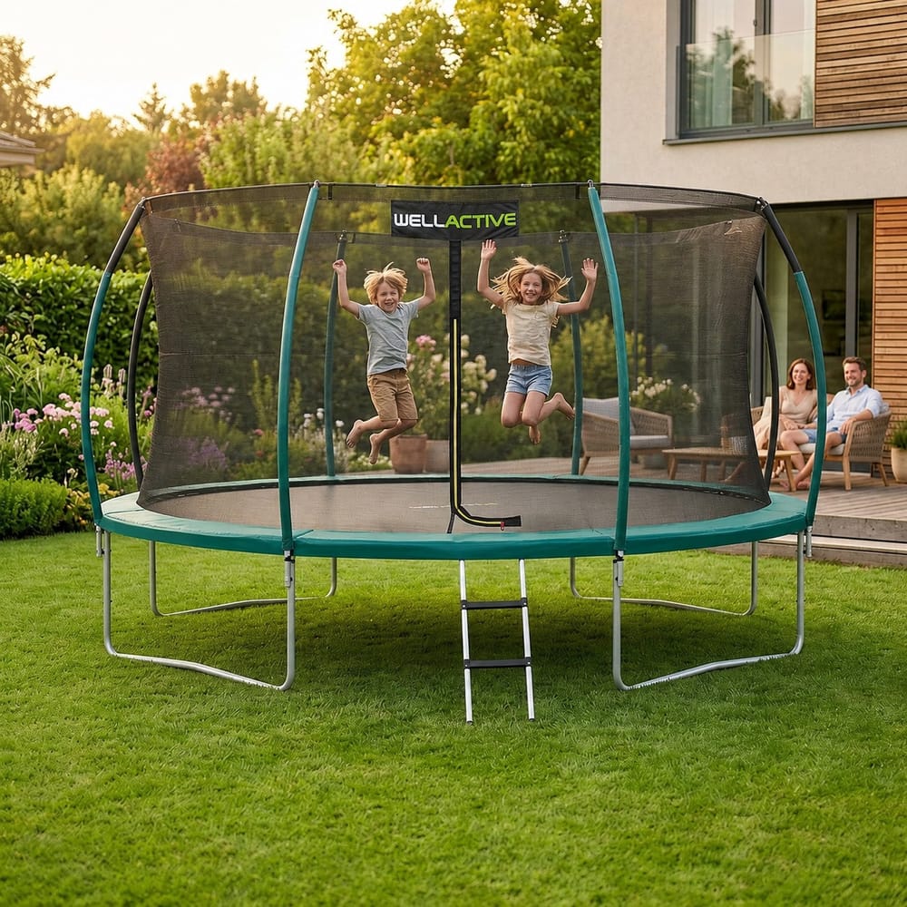 Батут WellActive 374 см до 150 кг з внутрішньою сіткою та драбинкою стрибковий Бірюзовий