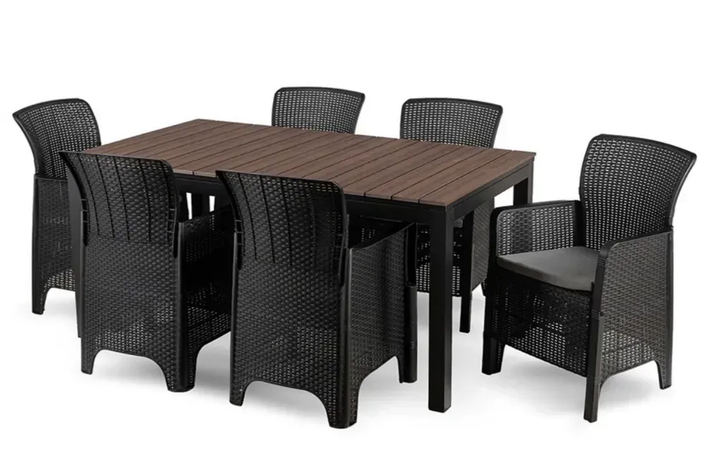 Комплект садових меблів MEBEL ELITE ARGOS 160–260×90 см горіх + 6 крісел FRESNO чорний — розсувний стіл для тераси та саду