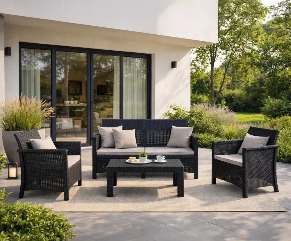 Комплект садових меблів MEBEL ELITE BRENTA — диван, 2 крісла та стіл, стильний чорний/сірий набір для відпочинку