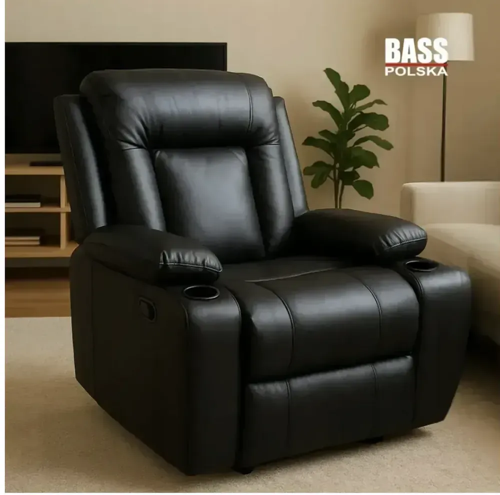 Масажне шкіряне крісло-качалка Bass Polska BH 30040 RELAX з масажем спини, попереку та ніг, чорне