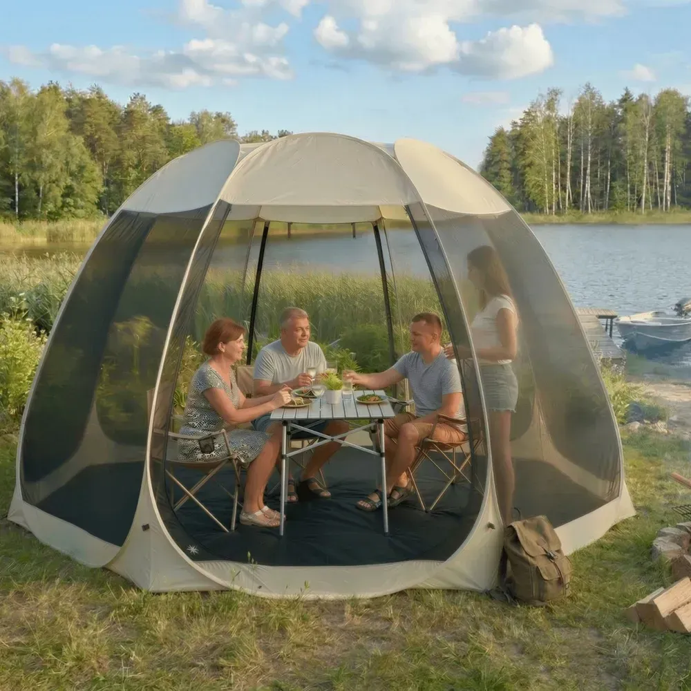 Садова альтанка MEBEL ELITE CAMA 395 см бежева/чорна з москітною сіткою для саду, тераси та дачі